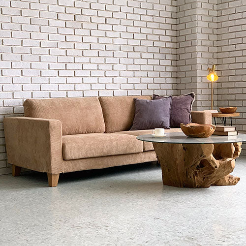 BAY SOFA 83(コーデュロイ/キャメル)|使用イメージ(白レンガ壁/ローテーブル)|W200×D95×H75×SH40