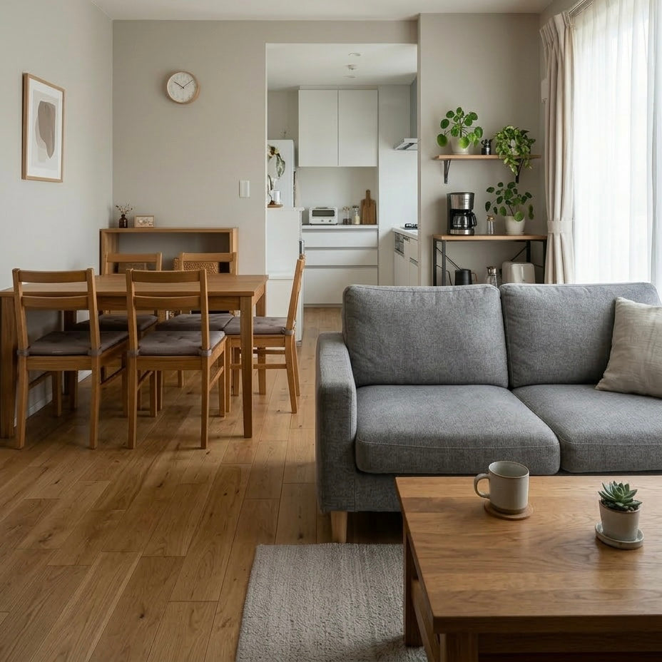 ナチュラルモダンな16畳LDK。グレーのソファ、木のローテーブル、木製ダイニングセットが配置され、一見整って見えるが家具同士の距離が近く、やや詰まった印象の空間。