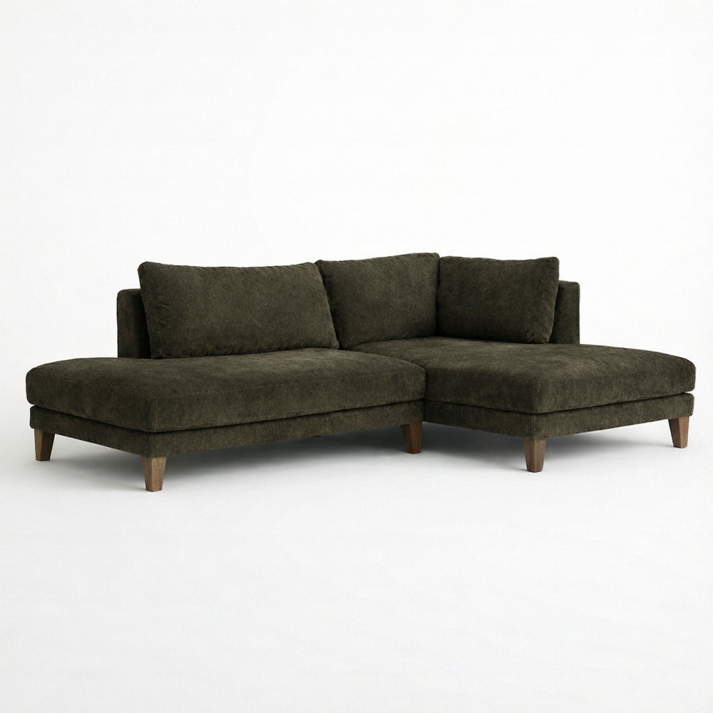 BAY SOFA 64R コーデュロイ カーキのL字レイアウト例とコンパクトなサイズ感